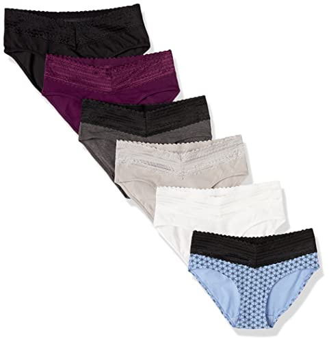 Warner's womens Blissful Benefits Dig-free Comfort Waist With Lace Cotton 6-pack Ru2266w Hipster Panties, Dark Grey Heather/Black/Black Plumberry/White/Platinum/Winter Lavender Holiday Print, Large US