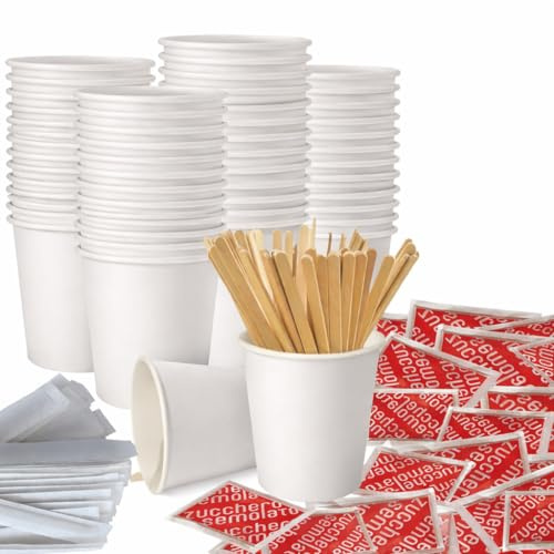 e_far Kit Caffè Bicchieri Zucchero Palettine 250 Pz Bicchierini Di Carta 90ml Bustine Zucchero Palettine In Legno Imbustate Set Completo Bicchieri Caffe Zucchero Palettine Zucchero Semolato Bianco