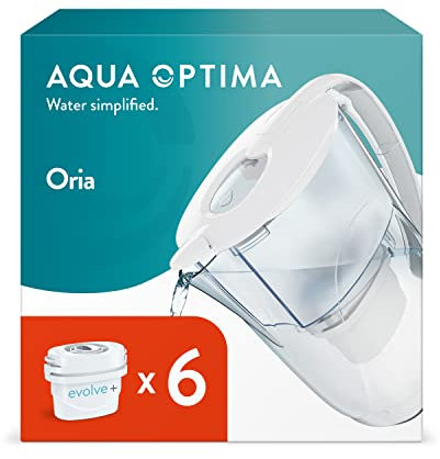 Aqua Optima Oria Carafe Filtrante et 6 Cartouches Filtrantes Evolve+ 30 Jours, Capacité 2,8 litres, pour la Réduction des Microplastiques, du Chlore, du Calcaire et des Impuretés, Blanc Taille unique