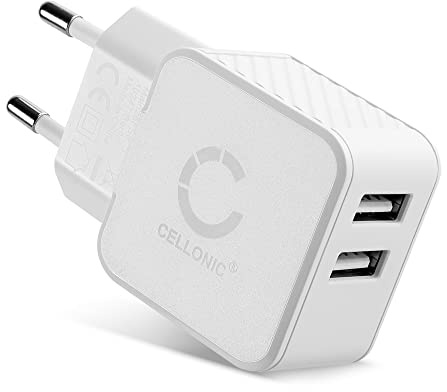 CELLONIC, USB Ladegerät – Doppel USB Netzadapter mit 2 Ports kompatibel mit Handy, Smartphone, Tablet, Powerbank & mehr – EU Stecker Schnellladegerät (17W, 3.4A)
