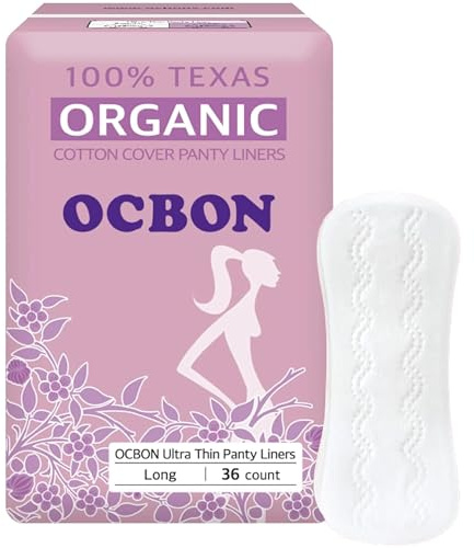 OCBON Ultra Thin Sanitary Pantyliners (Long, 7.1 inch, 36 Counts) - Ultra Thin, Unscented 100% Organic Cotton Panty Liners for Women. Chemical-Free, Extra Soft, Ideal for Sensitive Skin