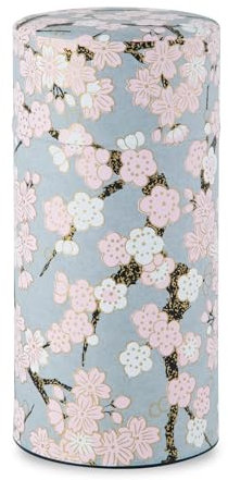 Recipiente de té japonés (papel Yuzen Washi, ciruela y sakura/gris), tamaño de 7.8 onzas, fabricado en Japón con tapa interior hermética a prueba de humedad, tarro de cocina para hojas sueltas, café,