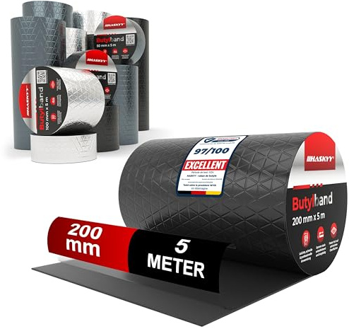 HASKYY Wasserdichtes Klebeband Butylband I 20cm*5m Schwarz hochwertig selbstklebend mit Aluminiumfolie I Butyl-Tape alterungsbeständig korrosionsbeständig UV-beständig