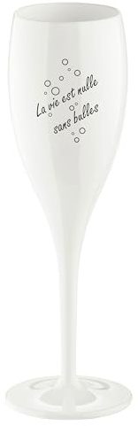 Sektglas 100 ml mit Druck CHEERS No. 1 LA VIE EST NULLE SANS BULLE Stielglas aus Kunststoff Koziol