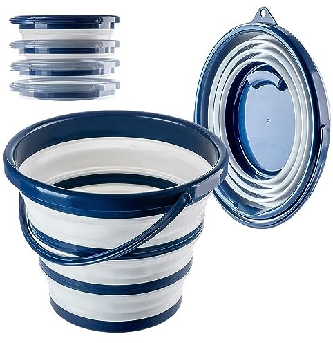 KADAX Seau Pliable en Silicone 10 L - Compact et Peu Encombrant pour Nettoyage et Ménage - Poignée Confortable (Bleu Foncé/Blanc)
