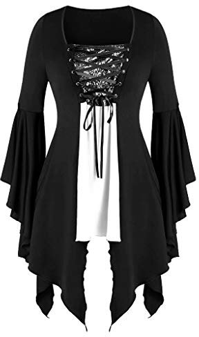 Gothic Kleid Damen Shirtkleid Mittelalter Kleidung Damen Kleider Traditionelle Irische Kleid Damen Trompetenärmel Glitzer Bandage Hexenkleid für Frauen Halloween Kostüm Karneval Cosplay Party
