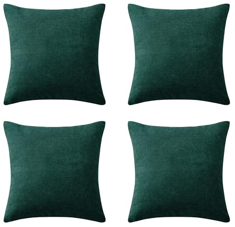 Hafaa Cushions with Covers Included 45 x 45 Cm Pack of 4 (4 Emerald Cushion Covers, 4 Cushion Inserts) - Stripe Velvet Square Throw Pillow Case Decorative Sofa Cushion with Invisible Zipper