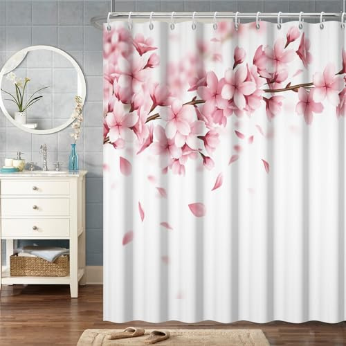 Bovlleetd Rosa Floreali Tenda da Doccia Tessuto Primavera Romantico Botanico Tenda da Doccia Fiore di Pesco Bagno Tenda da Doccia Set con Ganci 183W x 183H cm