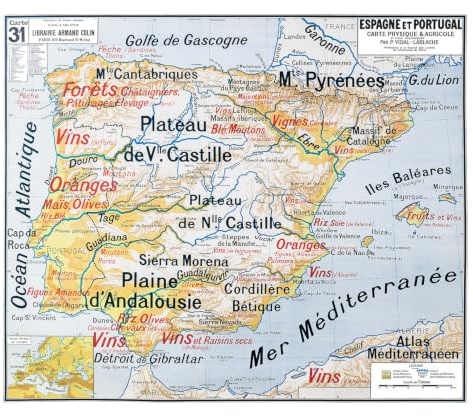 VIRTUAVIA Carte Vidal Lablache N° 31 - ESPAGNE ET PORTUGAL - PHYSIQUE ET AGRICOLE - 120 x 100 cm (reproduction ancienne carte scolaire) - Bâche 340 g/m²