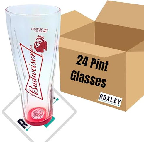 RoxleyLtd Roxley Budweiser Pints Glasses X24 Original Nucleated Lager Pint Glass Glasses 67 cl