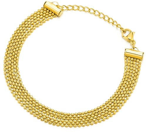 COOLSTEELANDBEYOND Multi-fila Acciaio Inossidabile Perlina Collegamento Chain Bracciale da Donna, Colore Oro, Regolabile