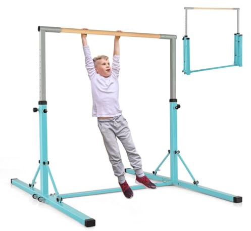 COSTWAY Foldable Gymnastics Bar, 90-150cm Height Adjustable Training Bar with Easy Moving Wheels and Non-slip Feet, Home Gym Equipment for Kids Juniors, 100kg Weight Capacity