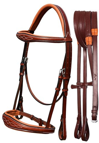 Exion Anti-Pressure Anatomic English Jumping Leather Horse Padded Bridle with Reins- Black, Cob Size