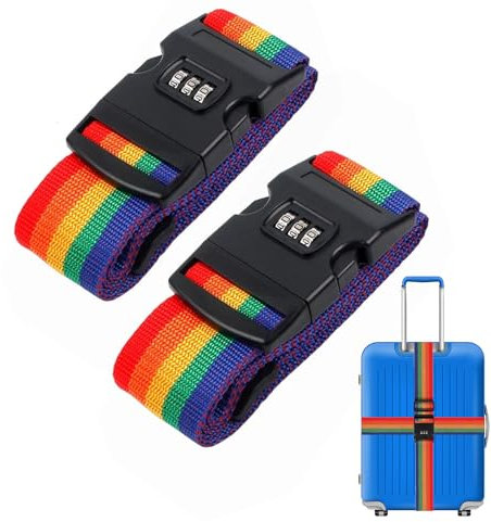 2 Stück Koffergurt mit Zahlenschloss, 200 * 5cm Kofferband, Einstellbare Kreuz Koffer Gepäckgurte mit TSA Schloss, Gepäckband für Koffer Gepäck Reisetasche (Regenbogenfarben)