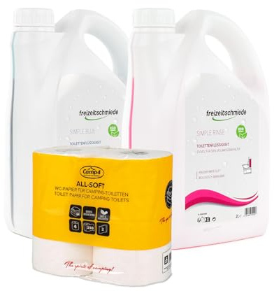 Freizeitschmiede Set Toiletten Zusatz Simple Blue + Rinse je 2L Sanitärflüssigkeit für Campingtoilette inkl. All Soft Toilettenpapier
