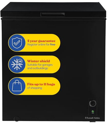Russell Hobbs Black Chest Freezer 198L Freestanding with 5 Year Warranty, Adjustable Thermostat, Chill or Freeze Function, 4 Star Freezer Rating & Suitable for Outbuildings & Garages RH198CF0E1B