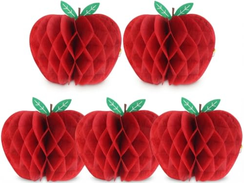 EASY JOY 5 alveoli di carta a nido d'ape a forma di mela rossa, decorazione da appendere per compleanni, estate, matrimoni, giardino, piscina, scuola, aula, ritorno a scuola, festa