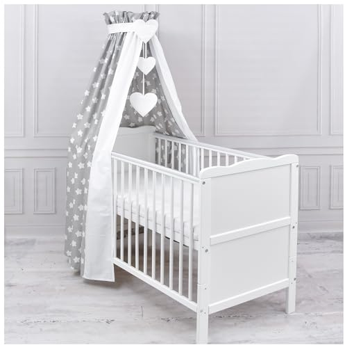 Generisch Baby Delux Babybett Himmel Betthimmel Baumwolle Baldachin für Babybett Kinderbett Wiege Stubenwagen Himmelstange Applikationen Herz Deko (Big Stars Grey, mit Himmelstange)