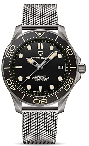Pagani Design 1667 Montre de plongée Automatique pour Homme NH35 Mouvement Rotatif Lunette en céramique étanche Nylon Caoutchouc Business Sport Montre à remontage Automatique, Maille Noire