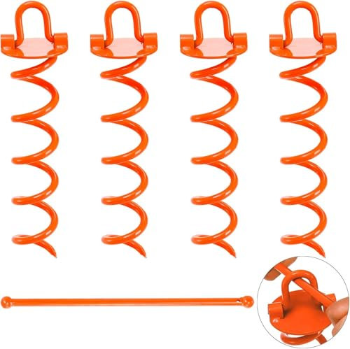 Mezchi 4 Pcs 31CM/12 Spiral Ground Anchors Heavy Duty, Swing Wet Anchors with Crowbar, Metal Shed Anchor Kit for Trampoline Stakes, Securing Dogs, Camping Tent, Orange