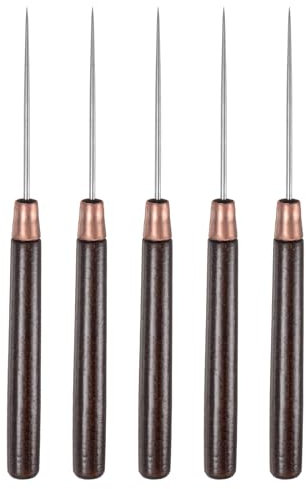 sourcing map 5pcs Handwork Sewing Awl Slender Awl Leather Punch Hole Tool with Wooden Handle Scratch for Broken Wire Make Mark Drilling Stitching Repair and DIY Handmade, Red