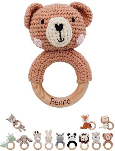 wunderwunsch® - Personalisierter Beißring Baby - Niedlicher Greifling für Baby's ab 0 Monate - Babyrassel mit Name als Baby Geschenk für Mädchen und Jungen (Bär,ohne Name)