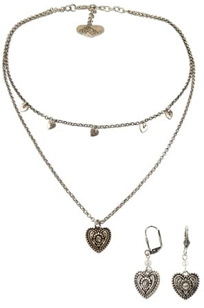 Alpenflüstern Trachtenschmuck-Set Metall-Trachtenkette und Trachten-Ohrhänger Trachten-Strass-Herz - Damen Trachten-Schmuck Trachtenset Dirndl-Kette und Trachten-Ohrringe (antik-silber-farben) SET055