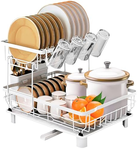 JUPPLIES Escurreplatos de 2 Niveles con Soporte para Utensilios Extraíble, Portavasos y Estante de Gran Capacidad - Escurridor de Platos con Boquilla de Drenaje Automático - 33x43x33cm - Blanco