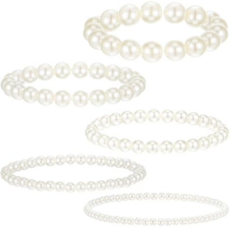 Molain Lot de 5 bracelets de perles - Brin extensible, élastique, empilables, bracelets de fausses perles pour femmes - Bijoux de mariée, mariage, fête, 20cm, Plastique, Pas de pierre précieuse