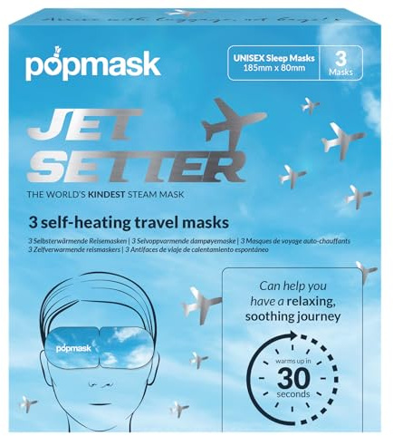 Popmask Jet Setter - Maschera per gli occhi autoriscaldante da viaggio, sollievo dal calore naturale per emicranie, mal di testa, allergie e occhi secchi, 3 maschere per gli occhi confezionate