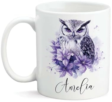 Personalized Owl And Clematis Flowers White Mug, Customized Nature Themed Coffee Cup, Gift For Mom, Grandma On Birthday, Bird Keepsake Mug 11oz 15oz, Custom Name Flower Ceramic Cup