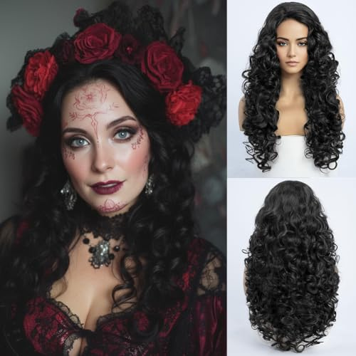 SIMKAYLEE Lång naturlig svart lockig peruk vågig stil halloween 80-tal peruker för kvinnor hela huvudet cosplay kostym fest hårstycke användning (61 cm)