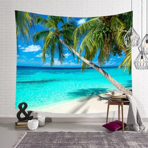 Mesnt Wandbehang Palme Strand, 300x256cm Kokosnussbaum, Strandlandschaft Wandteppich für Schlafzimmer Wohnzimmer | Blau Grün, Stil 1