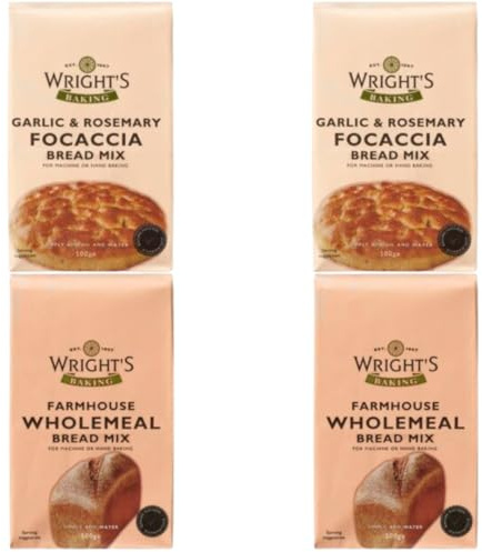 Wright's Farmhouse Wholemeal 2X500g & Garlic Rosemary Focaccia 2X500g Bread Mix Easy Bake Artisan Bread for Bread Maker & Oven - Homemade Pizza Dough, Rolls & Loaves - Vegetarian