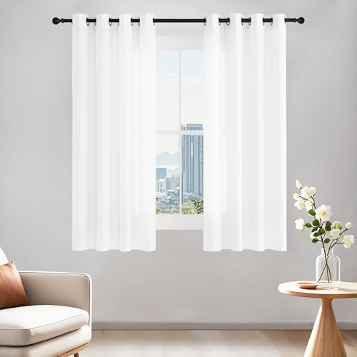 PONY DANCE White Voile Curtains for Privacy Protection - 52 x 63 Inches Non-See-Through Cat Proof Net Curtains, Sheer Panels Diffuses Light for Living Room/French Door/Bedroom, Set of 2, White