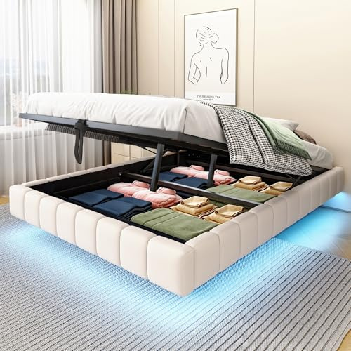 Dolamaní Doppelbett Polsterbett 140x200 cm ohne Kopfteil, Bett Schwebebettrahmen mit Stauraum, Hydraulischer Stauraumbett mit LED-Bleuchtung, Leinenstoff, Tragfähigkeit 250 kg (Beige)