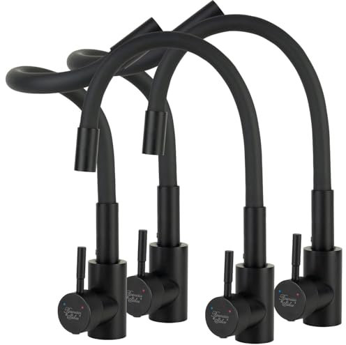Rosenstein & Söhne Wohnmobil Wasserhahn: 4er-Set Edelstahl-Küchenarmaturen, flexibel, 360°, Niederdruck,schwarz (Niederdruck Armatur Küche, Spültischarmatur Küche)