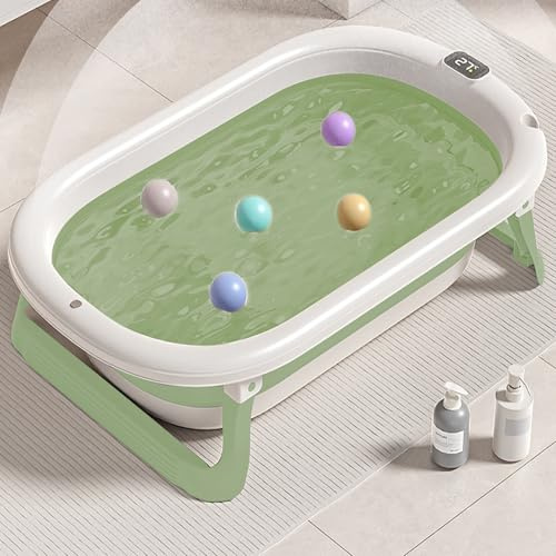 Baignoire Bébé Pliable avec Transat de Bain Pour Bebe et Thermomètre Intégré - Baignoire Enfant avec Siege de Bain pour Bebe - baignoire Bebe Sur Pied - 0 à 24 Mois (Vert, 43x71x18.5cm)