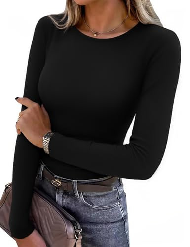 Aottori T-Shirt Femme Manches Longues Col Rond Élégant sous Pull Côtelé Tricot Extensible Hauts Chic Uni Top Basic Ajusté Hiver Respiratoire Noir XL