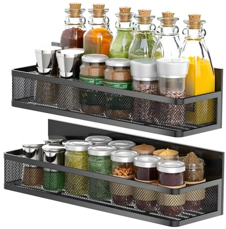 SEGNAYEN Magnetic Spice Rack, Magnet Fridge Organisers Rack, No Drilling Kitchen Storage Shelves, Metal Magnetic Shelf for Kitchen Organization and Storage, Black, 2 Pack