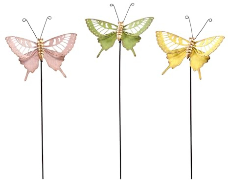 Klocke Dekorationsbedarf Blumenstecker - Pflanzen Deko - Deko Stecker - Gartenstecker - Blumentopf Deko - Pflanzenstecker - Tiere/Figuren (Schmetterling Metall 3St.12/45cm am Stab rosa/grün/gelb)