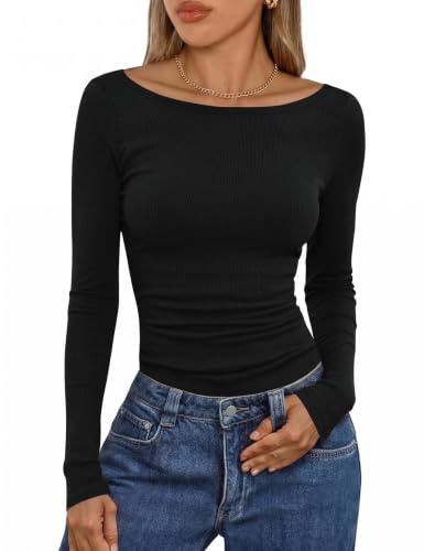 Leversic Womens Long Sleeve Tops Boat Neck Ribbed Stretch Basic T-Shirt | Plain Basic Tee Fitted Tops Soft Base Layer Slim Fit Y2K Going Out Tunic Tee Tops Causal Blouse