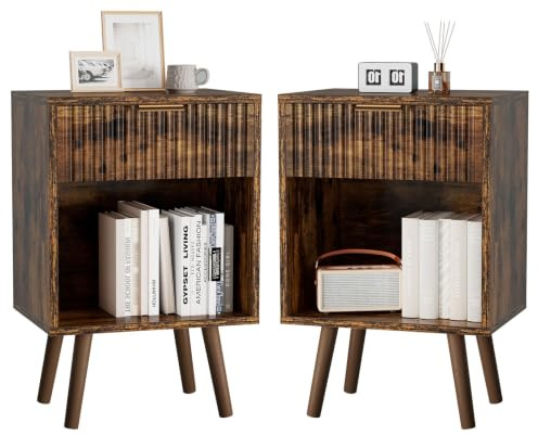 YMYNY Set de 2 Mesitas de Noche de Madera Ondulada, Mesa Auxiliar con Cajón, Compartimento Abierto, Manija Dorada, Estilo Mid-Century Moderno, para Dormitorio, Salón, Marrón Rústica HST013H-2