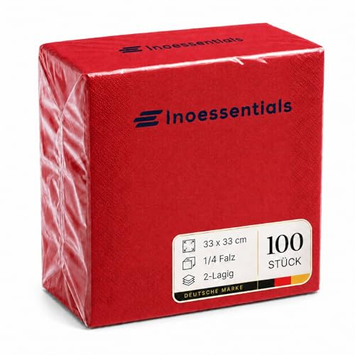 Inoverse Servietten Rot 33 x 33 cm 100 Stück, Papierservietten Großpackung | 2-lagig 1/4-Falz einfarbig, Einwegservietten, für Hochzeit, Buffet, Party, dekorative Tischservietten für Gastronomie