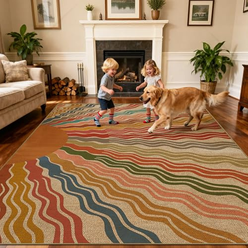 Washable Sun Easy Jute Rug, 5x7 Rainbow Sun Modern Boho Retro Outdoor Indoor Patio Large Area Rugs, Woven Ultra Thin Non Slip Carpet Mat for Living Dining Room Bedroom Classroom Kids Nursery Play Room