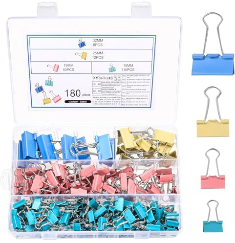 180 Pz Clip per Raccoglitori, Fermagli Bulldog, Graffette Ufficio, Pinces à Documents, Pinces à Papier, Clip Fermacarte Fermagli Pieghevoli Forniture per Ufficio Carta, colorato, 15/19/25/32 mm