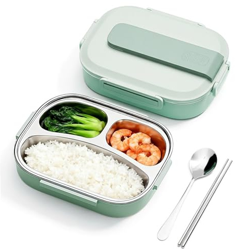 Thermal Lunch Box, 1000ml 3 Compartments Stainless Steel Lunch Box with Leakproof Lid & Cutlery, Large Capacity Portable Food Container for Students Boxes Stainless Steel