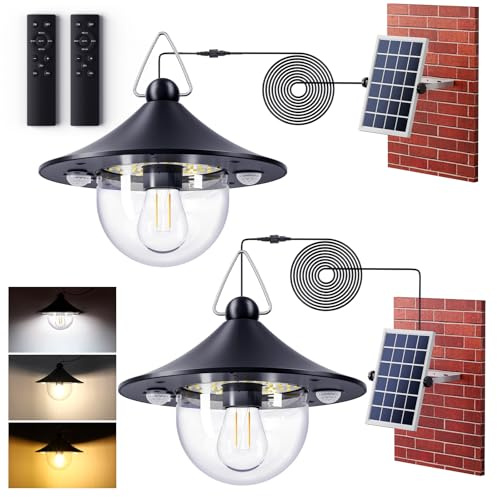 Quntis solar skur ljus inomhus utomhus 2 förpackning, 1000lm sol hängljus med fjärrkontroll, 3 färgtemperaturer, rörelsesensor, ip65 vattentät, splittrad sol takljus för trädgård skur garage uteplats