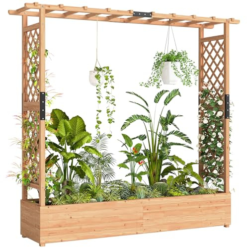 Outsunny Garden Planter with Trellis, Wooden Raised Bed for Garden with Hanging Roof and Drainage Holes, Outdoor Trellis Planter Box for Vegetables, Herbs and Flowers, 196 x 44 x 181 cm, Natural