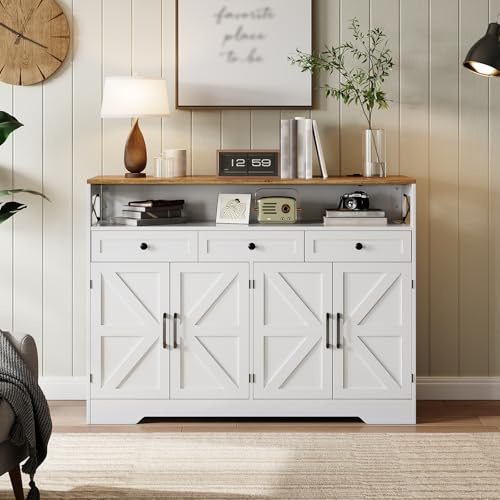 BouPower 51 Farmhouse Buffet Sideboard Cabinet with 4 Doors, 3 Drawers, Open Shelf & Adjustable Shelves, Kitchen Storage Pantry Cabinet with Power Outlets Kitchen, Dining Room, Living Room, White